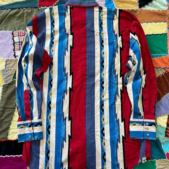 Vintage Rustler by Warngler Blue/Red/White Aztec Southwestern Pearl Snap Large - Picture 2 of 7